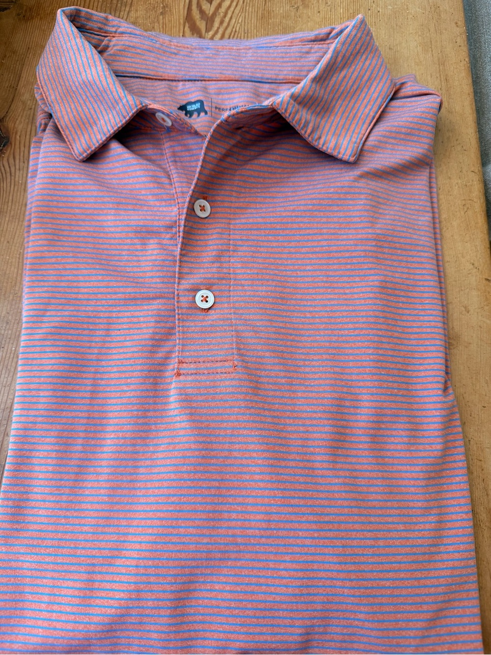 Striped Polo Shirt in Coral & Light Blue - Classic Casual Performance Fabric Lg.